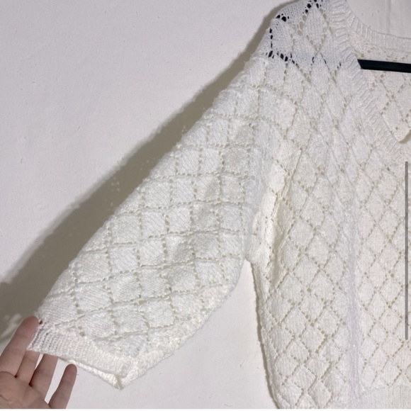 Vintage Oversized Ivory Diamond Knit V Neck Half Sleeve Sweater M - Picture 5 of 9